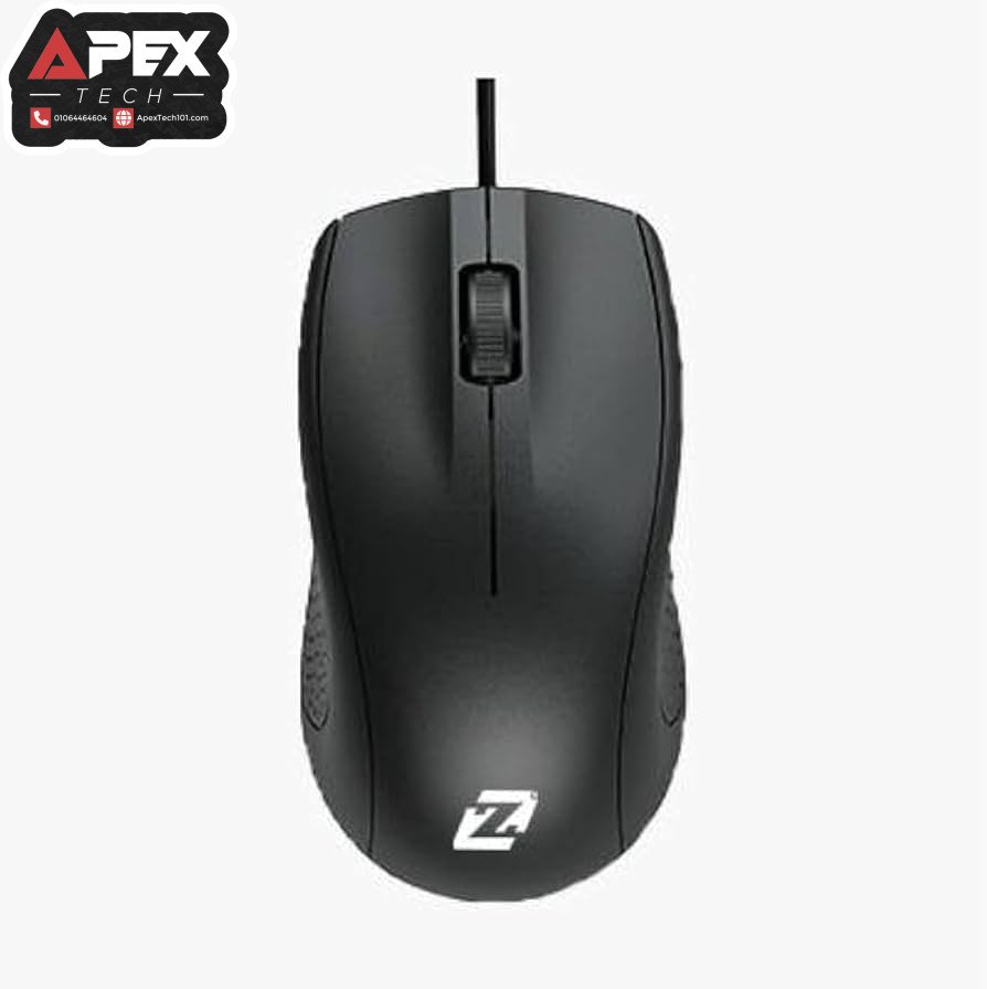 Zero ZR-203 black wired optical mouse top view showing scroll wheel and standard buttons