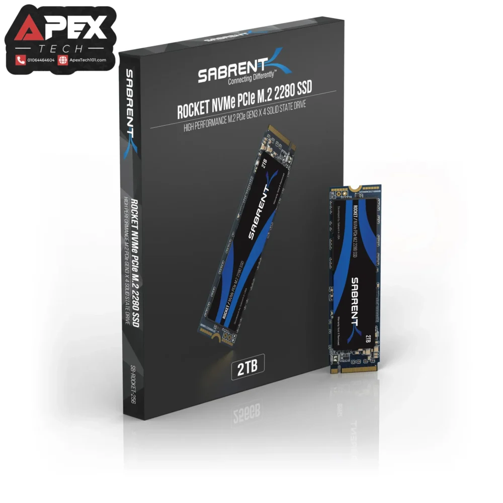 Sabrent Rocket 2TB NVMe PCIe M.2 SSD showing the blue and black brand sticker on the memory chips
