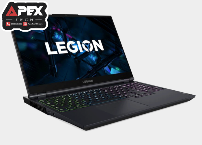 Lenovo Legion 5 gaming laptop showing the RGB backlit keyboard and dark gray chassis next to its original box