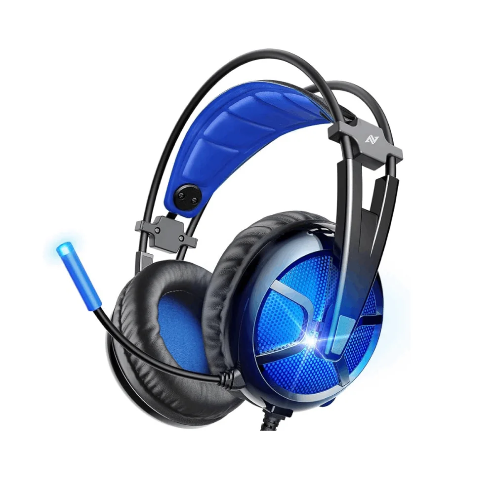 Black ABKONCORE B581 Virtual 7.1 USB Gaming Headset featuring Blue LED lighting and a free headset stand