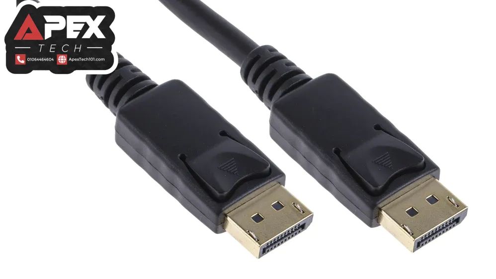 Black 1.8 meter DisplayPort 1.4 cable featuring gold-plated connectors with secure latch mechanisms