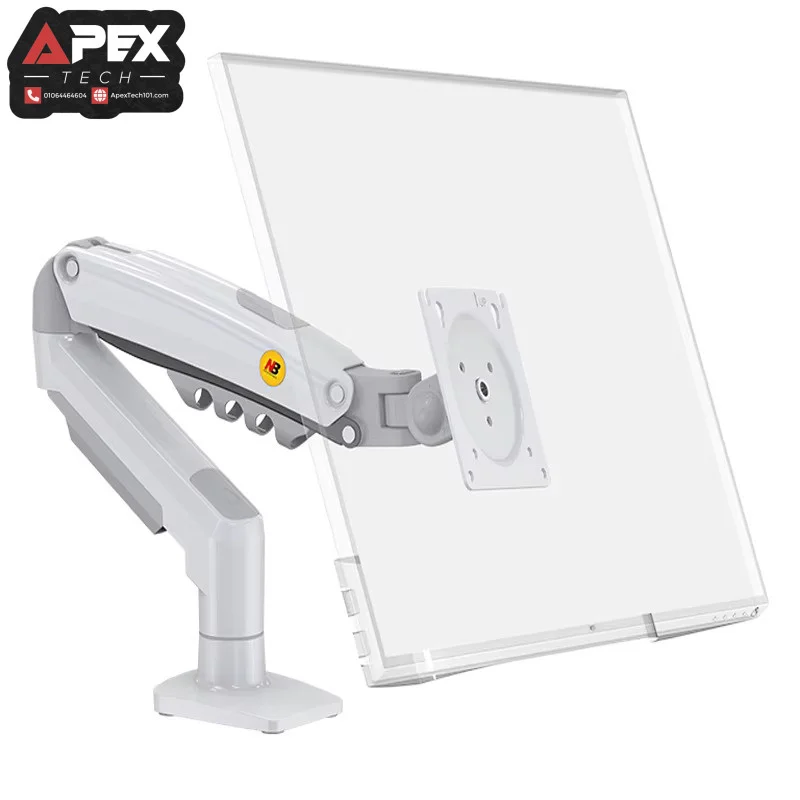 NB North Bayou F80 white gas spring monitor arm mounted to a white desk holding a computer screen