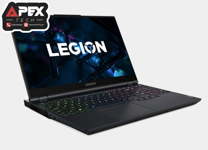 Lenovo Legion 5 gaming laptop showing the RGB backlit keyboard and dark gray chassis next to its original box
