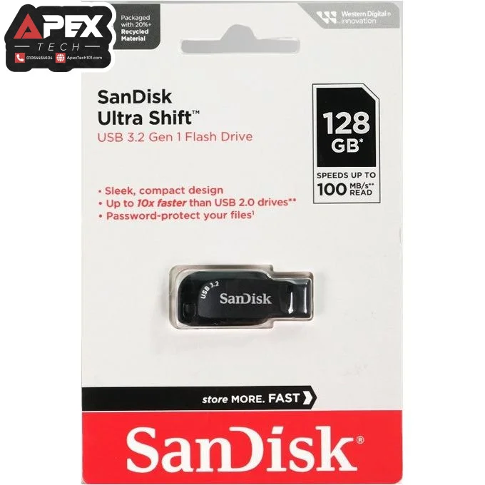 SanDisk Ultra Shift SDCZ410-128G-G46 128GB USB 3.2 Gen 1 Flash Drive - Black