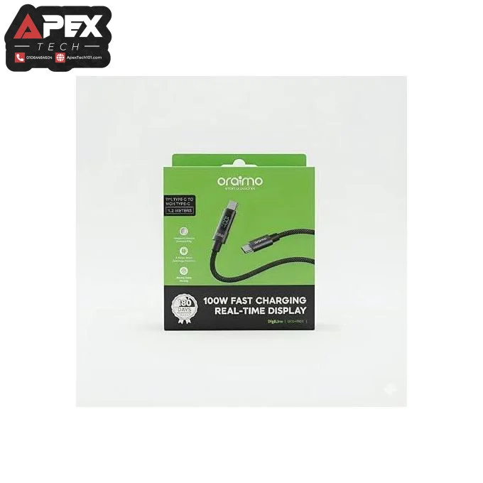 Oraimo OCD-175CC USB-C to USB-C Fast Charging Cable 100W 5A Charging & High-Speed Data Sync For USB-C Devices, Length 1.2M - Black (LED WATT Display)